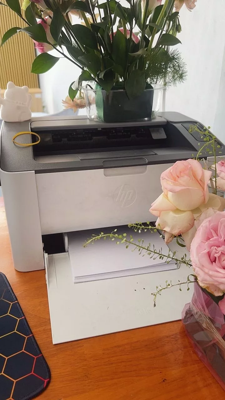 Ảnh khách chụp máy HP Laser 108w ở góc bàn có hoa